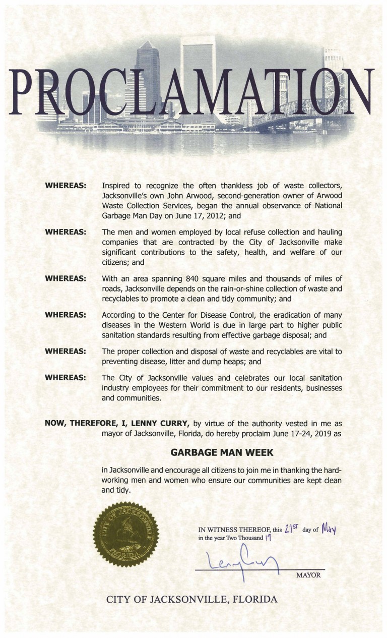 City Of Jacksonville Fl Waste And Recycling Workers Week Proclamation