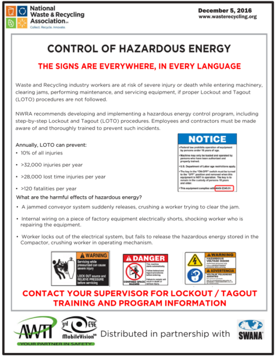 Safety Tuesday-Control of Hazardous Energy - Waste and Recycling ...