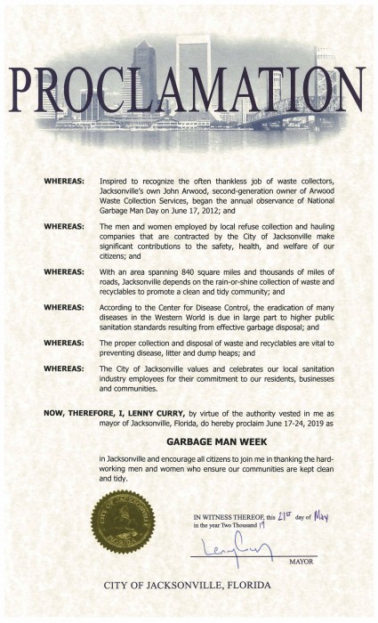 City of Jacksonville FL Waste and Recycling Workers Week Proclamation 2019