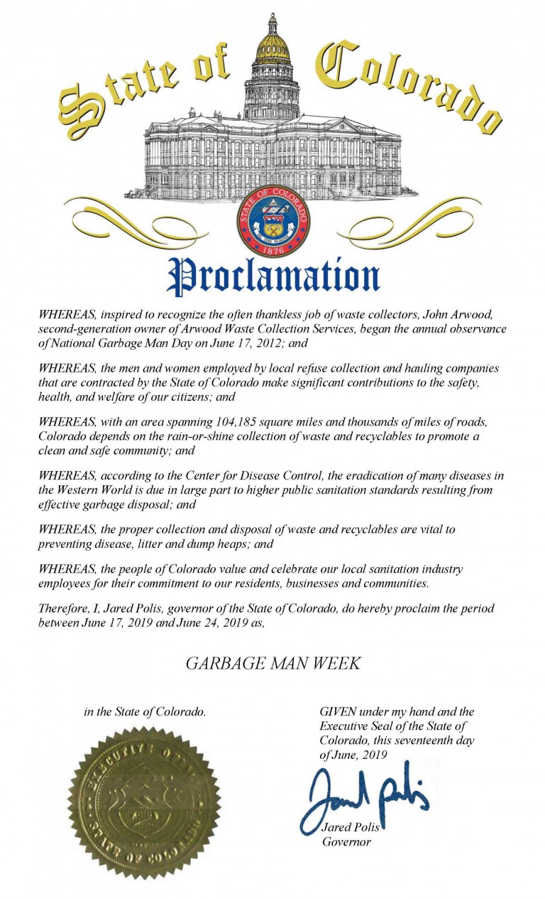 State of Colorado Waste and Recycling Workers Week Proclamation - Waste ...