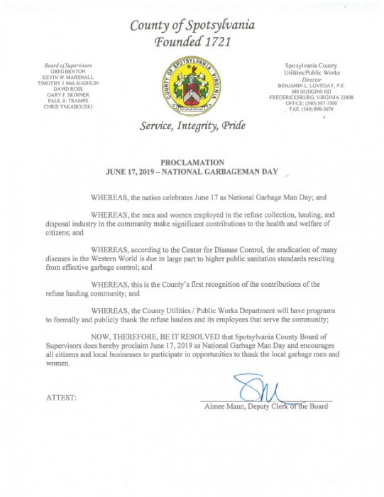 Spotsylvania County, Virginia Waste and Recycling Workers Week Proclamation 2019