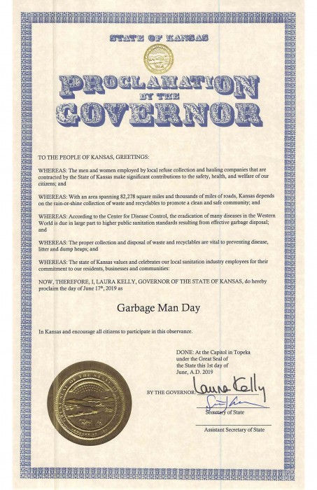 State of Kansas Has Issued a Waste and Recycling Workers Week Proclamation